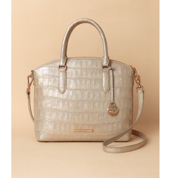 Brahmin Duxbury Leather Croc Embossed Satchel Handbag Pearly Cream Metallic
